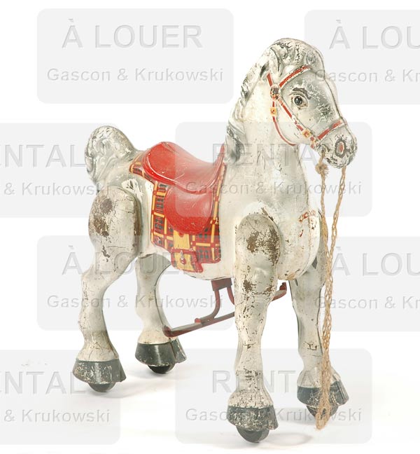 Jouet cheval de métal blanc pour enfants, antique, patiné usé